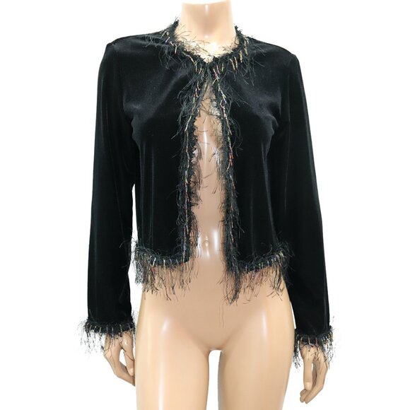 Ronni Nicole Black Velvet Eyelash Trim Beaded Shaggy Bolero Shrug Jacket M - Picture 1 of 5